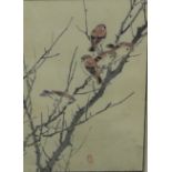 "Sparrows on a Branch" Japanese woodblock print, with a publishers seal lower centre, in a glazed