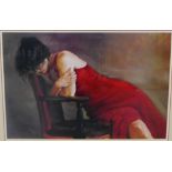 "Lady in a Red Dress", contemporary coloured print in a glazed frame, 85 x 55cm