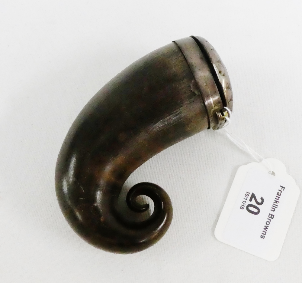 Scottish curly horn snuff mull, the hinged top with inset white metal disc and collar, 9.5cm long