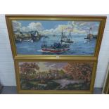 Two woodwork tapestries to include "Harbour" and "Castle Landscape", in glazed and gilt wood frames,