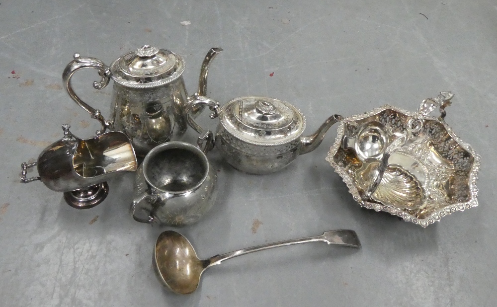 Carton of Epns wares to include teaset, twin handled basket, sugar scuttle, ladle etc., (a lot)
