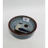 Royal Copenhagen circular studio pottery dish with blue and brown glazed bird pattern, 14.5cm