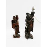 Pair of carved root wood figural table lamp bases, tallest 37cm high excluding fittings, (2)