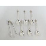 Victorian silver set of six teaspoons and matching sugar tongs, with thistle handles by John Round &