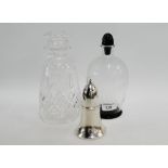 Etched glass decanter and stopper together with another and an Epns sugar castor, (3)