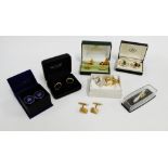 A pair of 9 carat gold cufflinks together with a group of gold plated cufflinks and tiepins, etc (