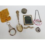 Mixed lot to include a 800 silver pill box and cover, 19th century enamel Whiskey decanter label,