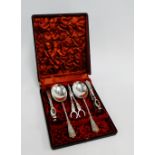 Victorian Epns fruit and nut set, comprising two spoons, grape scissors and two pairs of nut