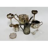 Carton containing two Birmingham silver teaspoons, Epns vases, pewter hot water pot etc., (a lot)
