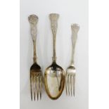 Victorian Scottish silver Queens pattern table fork, dessert fork and table spoon by Hamilton &