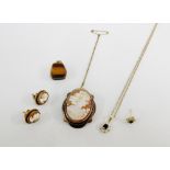 Mixed lot to include 9 carat gold framed cameo earrings, Sterling silver framed cameo pendant ,