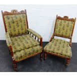 Mahogany framed open armchair upholstered in pineapple pattern fabric, together with another