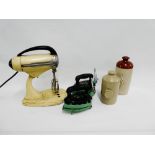 Vintage enamelled food mixer, together with two Rhythm number 375 U radiation irons, complete with
