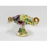 Continental porcelain floral encrusted twin handled posy basket with Psuedo, cross swords mark to