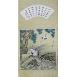 Chinese wall hanging scroll, painted with cranes and calligraphy