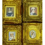 Collection of four 19th century portrait miniatures, each contained within ornate giltwood frames,
