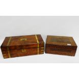 Two 19th century work boxes to include a mahogany and brass bound box and another with parquetry