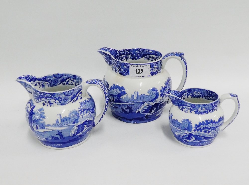 Group of three Copeland Spode Italian blue and white jugs of graduating form, (3)