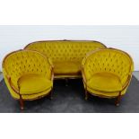 Button back parlour suite with golden upholstery, comprising settee and pair of armchairs 85 x