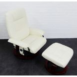 Cream upholstered Stressless style electric armchair and stool (2)