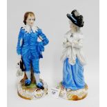 Pair of Continental porcelain male and female Gainsborough style figures on Rococo style circular
