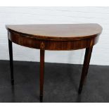 19th century mahogany demi lune table on square tapering legs and spade feet, 76 x 111cm