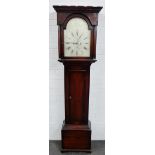 19th century mahogany longcase clock, the flat top with a dentil frieze over a silvered dial with