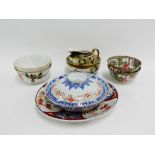 Chinese blue and white rice bowl and cover with Dragon pattern, together with an Imari plate,