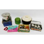 Collection of vintage kitchenalia to include a Bakelite napkin ring, pastry cutting enamel tin and