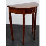 Mahogany inlaid d-end table with a central frieze drawer on square tapering legs, 72 x 61cm