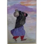 Rhoda Hird 'The Water Carrier' Pastel Gouache, signed, in a glazed frame, 17 x 27cm