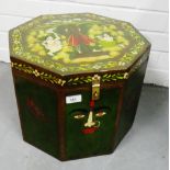 Indian style octagonal green painted wooden box with a hinged lid