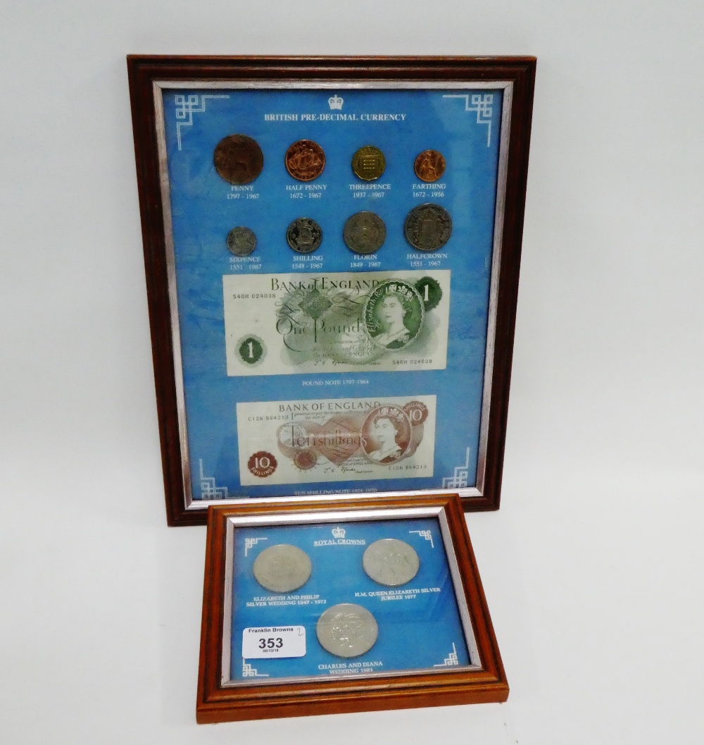 A frame containing British Pre-Decimal currency and three Royal Crowns