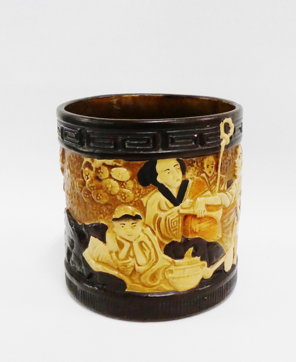 Bretby planter with Japanese figures and Greek Key border, 16cm high, with impressed backstamps