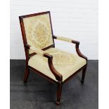 Mahogany framed open armchair with upholstered back and seat, 90 x 55cm
