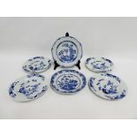 Two Chinese Qing Dynasty octagonal blue and white plates, together with four Chinese blue and