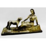 CH. Timmermans painted plaster Deco style figure of a female skier and her dog, with impressed