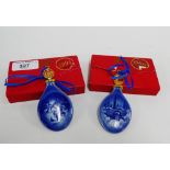 Two Bing & Grondahl, Copenhagen porcelain blue and white Christmas Tree decorations, 9.5cm long, (2)