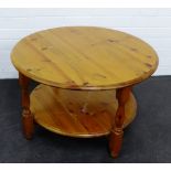 Pine two tier circular top coffee table, 45 x 72cm