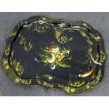 19th century black papier mache tray with floral bouquet to centre and with gilt border, 82 x 65cm