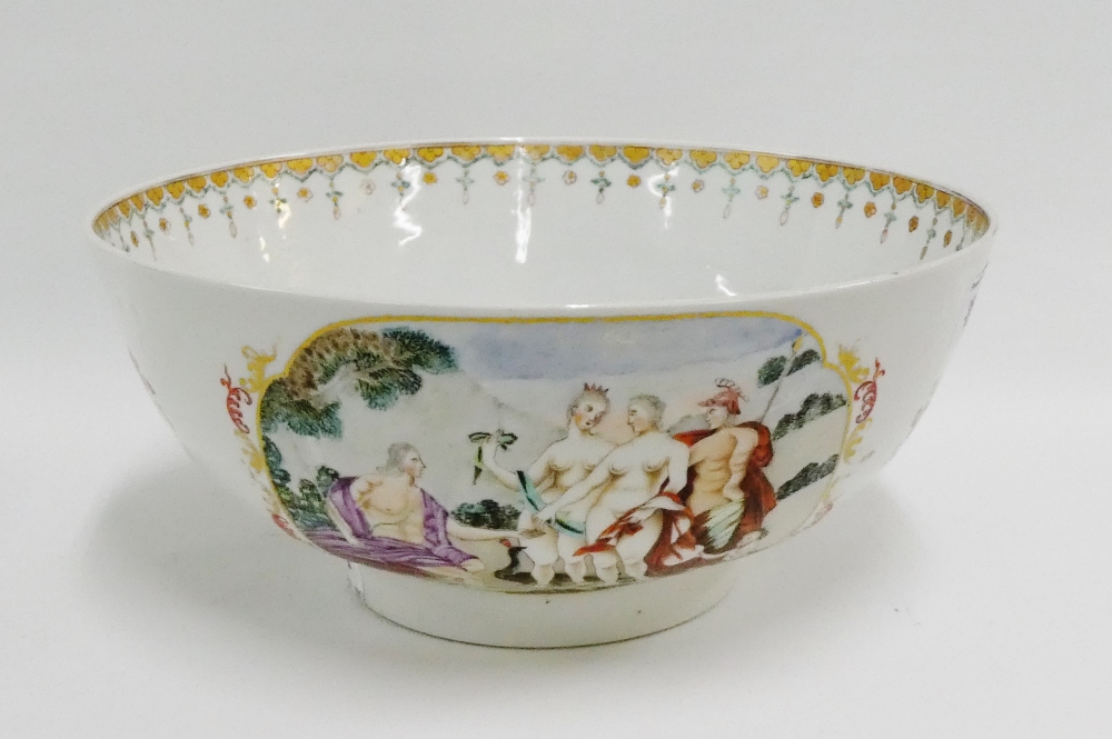 Porcelain punch bowl with figural panels to a white ground on a plain circular footrim, 29cm