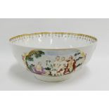 Porcelain punch bowl with figural panels to a white ground on a plain circular footrim, 29cm