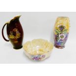 Crown Devon 'Pagoda' patterned jug, together with a Kensington ware floral patterned lustre vase and