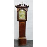 Oak longcase clock, the swan neck top with brass finials and dentil frieze over a brass dial with