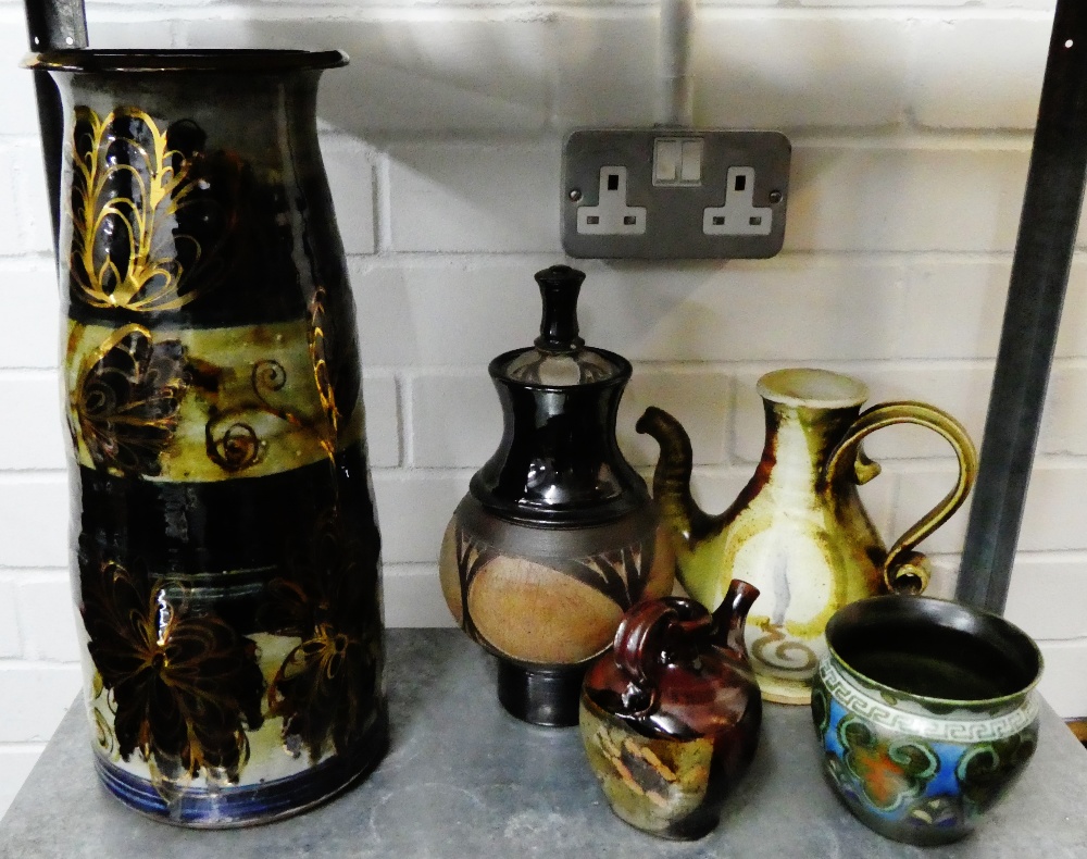 Collection of studio pottery to include a vase, jug and small Gouda planter, (5)