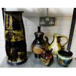 Collection of studio pottery to include a vase, jug and small Gouda planter, (5)