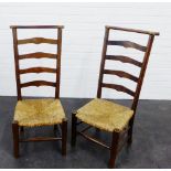 Pair of oak ladderback prayer chairs with rush seats, (2), 88 x 42cm