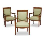 Three Continental Neoclassical fruitwood armchairs circa 1820-30 With green silk bengaline