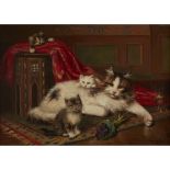 LÉON CHARLES HUBER (FRENCH 1858-1928) A CAT AND HER KITTENS ON A KHILIM RUG Signed 'Léon-Huber'