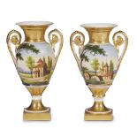 A small pair of Restauration Paris porcelain parcel-gilt and hand-painted vases circa 1840 H: 8 3/4,